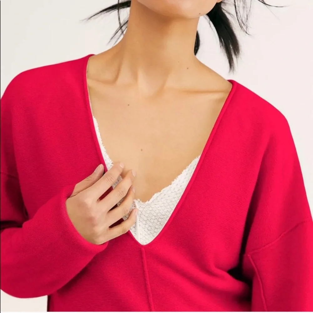 Free People Bright Pink V-Neck Sweater